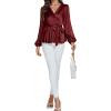imageLYANER Womens Satin Silky Wraped V Neck Waist Tie Pleated Long Sleeve Blouse Shirt TopBurgundy