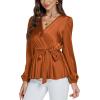 imageLYANER Womens Satin Silky Wraped V Neck Waist Tie Pleated Long Sleeve Blouse Shirt TopBurnt Orange