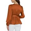 imageLYANER Womens Satin Silky Wraped V Neck Waist Tie Pleated Long Sleeve Blouse Shirt TopBurnt Orange