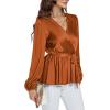 imageLYANER Womens Satin Silky Wraped V Neck Waist Tie Pleated Long Sleeve Blouse Shirt TopBurnt Orange