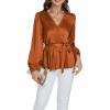 imageLYANER Womens Satin Silky Wraped V Neck Waist Tie Pleated Long Sleeve Blouse Shirt TopBurnt Orange
