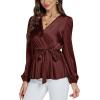 imageLYANER Womens Satin Silky Wraped V Neck Waist Tie Pleated Long Sleeve Blouse Shirt TopCoffee