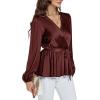 imageLYANER Womens Satin Silky Wraped V Neck Waist Tie Pleated Long Sleeve Blouse Shirt TopCoffee