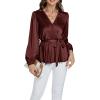 imageLYANER Womens Satin Silky Wraped V Neck Waist Tie Pleated Long Sleeve Blouse Shirt TopCoffee