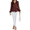 imageLYANER Womens Satin Silky Wraped V Neck Waist Tie Pleated Long Sleeve Blouse Shirt TopCoffee