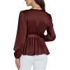 imageLYANER Womens Satin Silky Wraped V Neck Waist Tie Pleated Long Sleeve Blouse Shirt TopCoffee