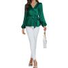 imageLYANER Womens Satin Silky Wraped V Neck Waist Tie Pleated Long Sleeve Blouse Shirt TopDark Green