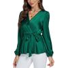 imageLYANER Womens Satin Silky Wraped V Neck Waist Tie Pleated Long Sleeve Blouse Shirt TopDark Green
