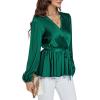 imageLYANER Womens Satin Silky Wraped V Neck Waist Tie Pleated Long Sleeve Blouse Shirt TopDark Green