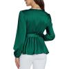 imageLYANER Womens Satin Silky Wraped V Neck Waist Tie Pleated Long Sleeve Blouse Shirt TopDark Green