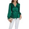 imageLYANER Womens Satin Silky Wraped V Neck Waist Tie Pleated Long Sleeve Blouse Shirt TopDark Green