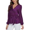 imageLYANER Womens Satin Silky Wraped V Neck Waist Tie Pleated Long Sleeve Blouse Shirt TopDeep Purple