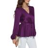 imageLYANER Womens Satin Silky Wraped V Neck Waist Tie Pleated Long Sleeve Blouse Shirt TopDeep Purple
