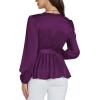 imageLYANER Womens Satin Silky Wraped V Neck Waist Tie Pleated Long Sleeve Blouse Shirt TopDeep Purple