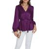 imageLYANER Womens Satin Silky Wraped V Neck Waist Tie Pleated Long Sleeve Blouse Shirt TopDeep Purple
