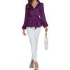 imageLYANER Womens Satin Silky Wraped V Neck Waist Tie Pleated Long Sleeve Blouse Shirt TopDeep Purple