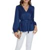 imageLYANER Womens Satin Silky Wraped V Neck Waist Tie Pleated Long Sleeve Blouse Shirt TopNavy
