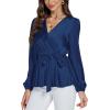 imageLYANER Womens Satin Silky Wraped V Neck Waist Tie Pleated Long Sleeve Blouse Shirt TopNavy