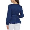 imageLYANER Womens Satin Silky Wraped V Neck Waist Tie Pleated Long Sleeve Blouse Shirt TopNavy