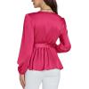 imageLYANER Womens Satin Silky Wraped V Neck Waist Tie Pleated Long Sleeve Blouse Shirt TopRose