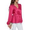 imageLYANER Womens Satin Silky Wraped V Neck Waist Tie Pleated Long Sleeve Blouse Shirt TopRose
