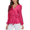 imageLYANER Womens Satin Silky Wraped V Neck Waist Tie Pleated Long Sleeve Blouse Shirt TopRose