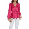 imageLYANER Womens Satin Silky Wraped V Neck Waist Tie Pleated Long Sleeve Blouse Shirt TopRose