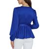 imageLYANER Womens Satin Silky Wraped V Neck Waist Tie Pleated Long Sleeve Blouse Shirt TopRoyal Blue