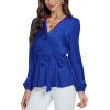 imageLYANER Womens Satin Silky Wraped V Neck Waist Tie Pleated Long Sleeve Blouse Shirt TopRoyal Blue