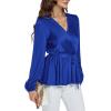 imageLYANER Womens Satin Silky Wraped V Neck Waist Tie Pleated Long Sleeve Blouse Shirt TopRoyal Blue