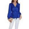 imageLYANER Womens Satin Silky Wraped V Neck Waist Tie Pleated Long Sleeve Blouse Shirt TopRoyal Blue