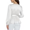 imageLYANER Womens Satin Silky Wraped V Neck Waist Tie Pleated Long Sleeve Blouse Shirt TopWhite