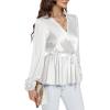 imageLYANER Womens Satin Silky Wraped V Neck Waist Tie Pleated Long Sleeve Blouse Shirt TopWhite