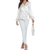 imageLYANER Womens Satin Silky Wraped V Neck Waist Tie Pleated Long Sleeve Blouse Shirt TopWhite