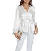 imageLYANER Womens Satin Silky Wraped V Neck Waist Tie Pleated Long Sleeve Blouse Shirt TopWhite