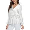 imageLYANER Womens Satin Silky Wraped V Neck Waist Tie Pleated Long Sleeve Blouse Shirt TopWhite