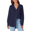 imageLYANER Womens Collar V Neck Button Down Long Sleeve Casual Work Office Blouse Shirts TopNavy Blue