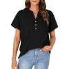 imageLYANER Womens Cotton Short Sleeve VNeck Shirts Loose Casual Buttons Blouse TShirt TopsBlack