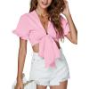 imageLYANER Womens Deep V Neck Tie Front Knot Ruffle Short Sleeve Crop Top Club BlouseLight Pink