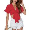 imageLYANER Womens Deep V Neck Tie Front Knot Ruffle Short Sleeve Crop Top Club BlouseRed