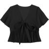imageLYANER Womens Floral Print V Neck Tie Knot Ruffle Hem Short Sleeve Blouse Peplum TopBlack Solid