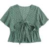 imageLYANER Womens Floral Print V Neck Tie Knot Ruffle Hem Short Sleeve Blouse Peplum TopGreen Floral