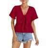 imageLYANER Womens Floral Print V Neck Tie Knot Ruffle Hem Short Sleeve Blouse Peplum TopRed Solid