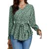 imageLYANER Womens Floral Wrap V Neck Tie Waist Peplum Ruffle Hem Long Sleeve Blouse Shirt TopFloral Green