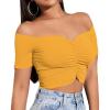 imageLYANER Womens Off Shoulder Ruched Short Sleeve Rib Knit Sexy Crop Top BlouseGinger