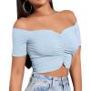 imageLYANER Womens Off Shoulder Ruched Short Sleeve Rib Knit Sexy Crop Top BlouseLight Blue