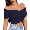 imageLYANER Womens Off Shoulder Ruched Short Sleeve Rib Knit Sexy Crop Top BlouseNavy Blue