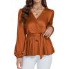 imageLYANER Womens Satin Silky Wraped V Neck Waist Tie Pleated Long Sleeve Blouse Shirt TopBurnt Orange