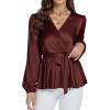 imageLYANER Womens Satin Silky Wraped V Neck Waist Tie Pleated Long Sleeve Blouse Shirt TopCoffee