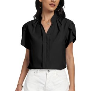 imageLYANER Womens Casual Split V Neck Petal Cap Sleeve Chiffon Blouse Shirt TopsBlack
